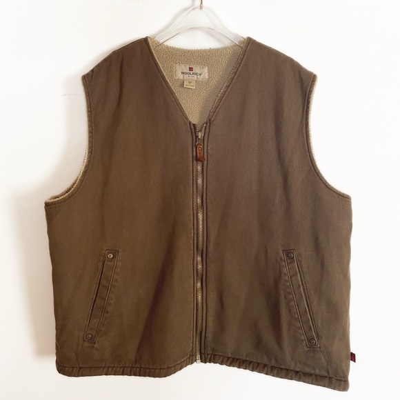 WOOLRICH Sherpa lined Canvas duck zip up Vest Brown Mens size XL - Picture 9 of 9